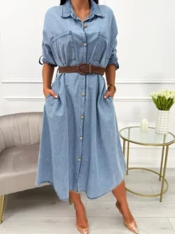Błękitna Jeansowa Sukienka z Paskiem i Kieszeniami 13746-102-A|Modna Kiecka Discount