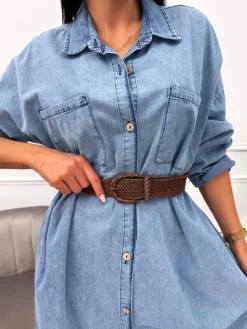 Błękitna Jeansowa Sukienka z Paskiem i Kieszeniami 13746-102-A|Modna Kiecka Discount