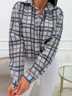 Błękitna Koszula w Kratę 13755-141-B|Modna Kiecka Fashion