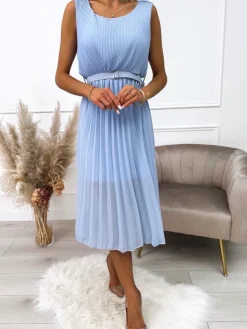Błękitna Plisowana Sukienka z Paskiem 10389-153-A|Modna Kiecka Outlet