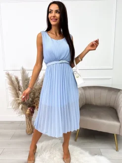Błękitna Plisowana Sukienka z Paskiem 10389-153-A|Modna Kiecka Outlet