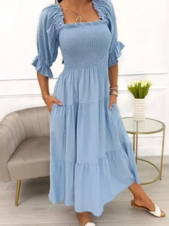 Błękitna Sukienka Hiszpanka Midi 13991-313-A|Modna Kiecka Hot