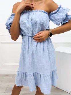 Błękitna Sukienka Hiszpanka z Falbanką 12455-327-B|Modna Kiecka Fashion