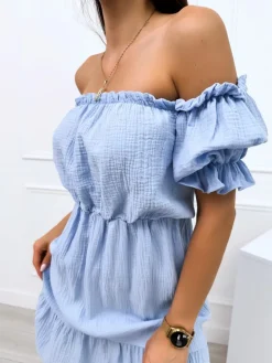Błękitna Sukienka Hiszpanka z Falbanką 12455-327-B|Modna Kiecka Fashion
