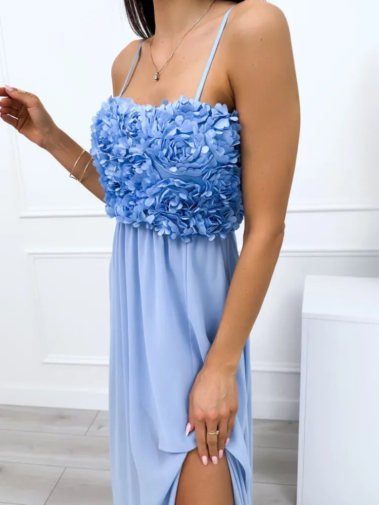 Błękitna Sukienka Maxi na Ramiączkach z Ozdobami 12603-216-A|Modna Kiecka Discount