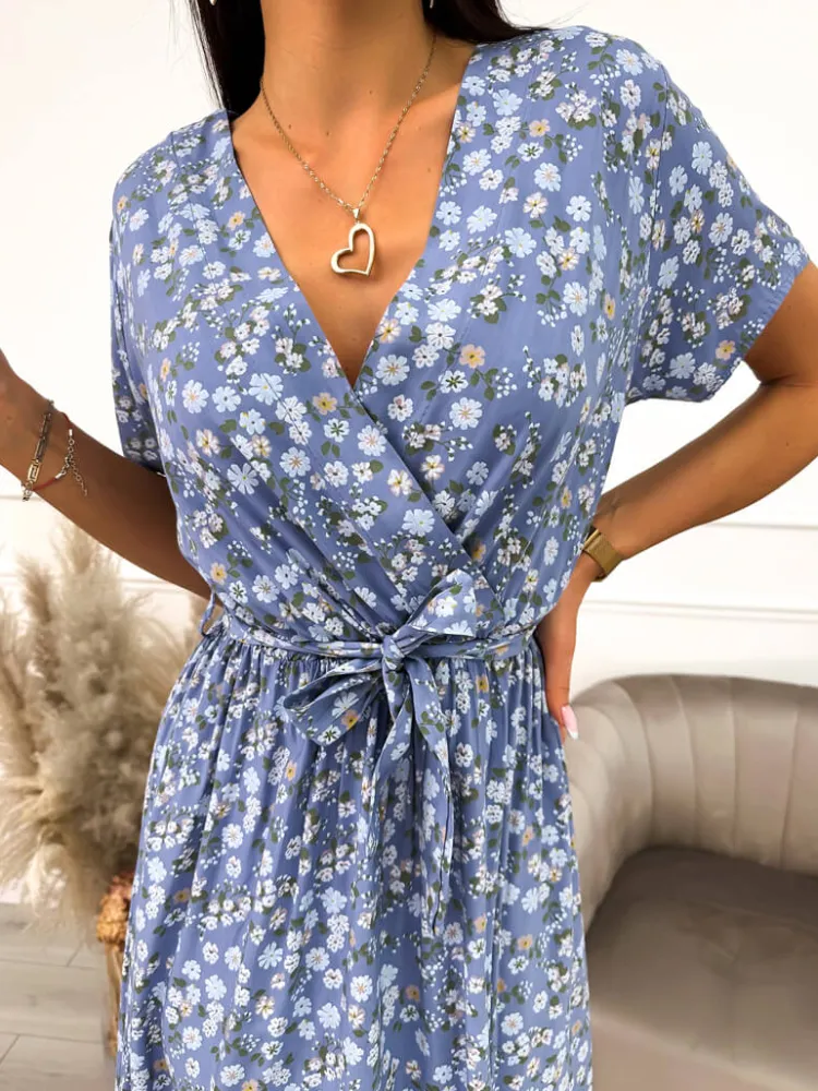 Błękitna Sukienka Maxi w Kwiaty 12412-83-A|Modna Kiecka Hot
