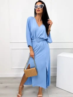 Błękitna Sukienka Maxi z Rozcięciami i Paskiem 12508-518-A|Modna Kiecka Discount