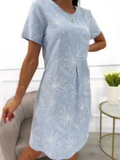 Błękitna Sukienka w Biały Wzór z Kieszeniami 13967-515-B|Modna Kiecka Sale