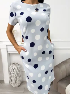 Błękitna Sukienka w Grochy 11717-248-D|Modna Kiecka Online