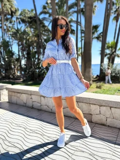 Błękitna Sukienka w Kratkę z Falbanką 11410-190-A|Modna Kiecka Fashion