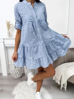 Błękitna Sukienka w Kratkę z Falbanką 11410-190-A|Modna Kiecka Fashion