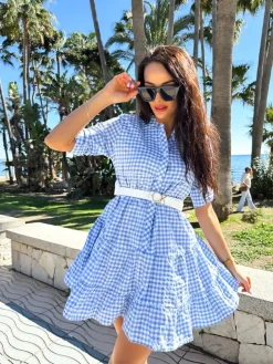 Błękitna Sukienka w Kratkę z Falbanką 11410-190-A|Modna Kiecka Fashion