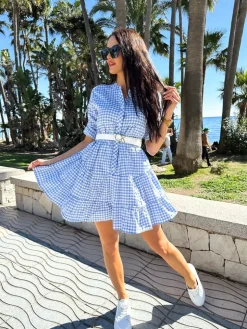 Błękitna Sukienka w Kratkę z Falbanką 11410-190-A|Modna Kiecka Fashion