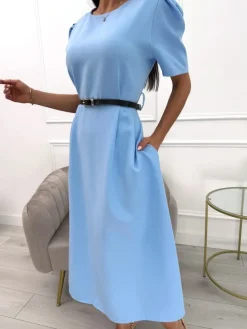 Błękitna Sukienka z Bufiastymi Rękawami i Paskiem 13848-533-B|Modna Kiecka Fashion