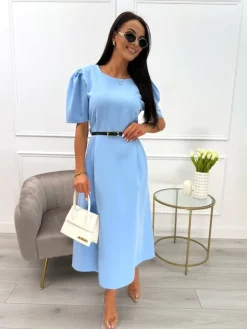 Błękitna Sukienka z Bufiastymi Rękawami i Paskiem 13848-533-B|Modna Kiecka Fashion