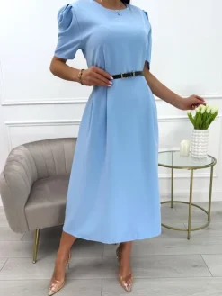 Błękitna Sukienka z Bufiastymi Rękawami i Paskiem 13848-533-B|Modna Kiecka Fashion