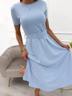 Błękitna Sukienka z Paskiem 13662-78-E|Modna Kiecka Discount