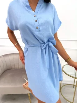 Błękitna Sukienka z Paskiem 13903-511-B|Modna Kiecka Hot