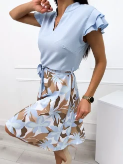 Błękitna Sukienka ze Wzorem 12390-316-Q|Modna Kiecka Sale