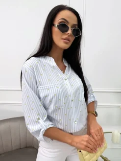 Błękitno-Biała Bluzka w Paski 13706-83-A|Modna Kiecka Fashion