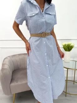 Błękitno-Biała Sukienka w Paski  13975-102-A|Modna Kiecka Fashion