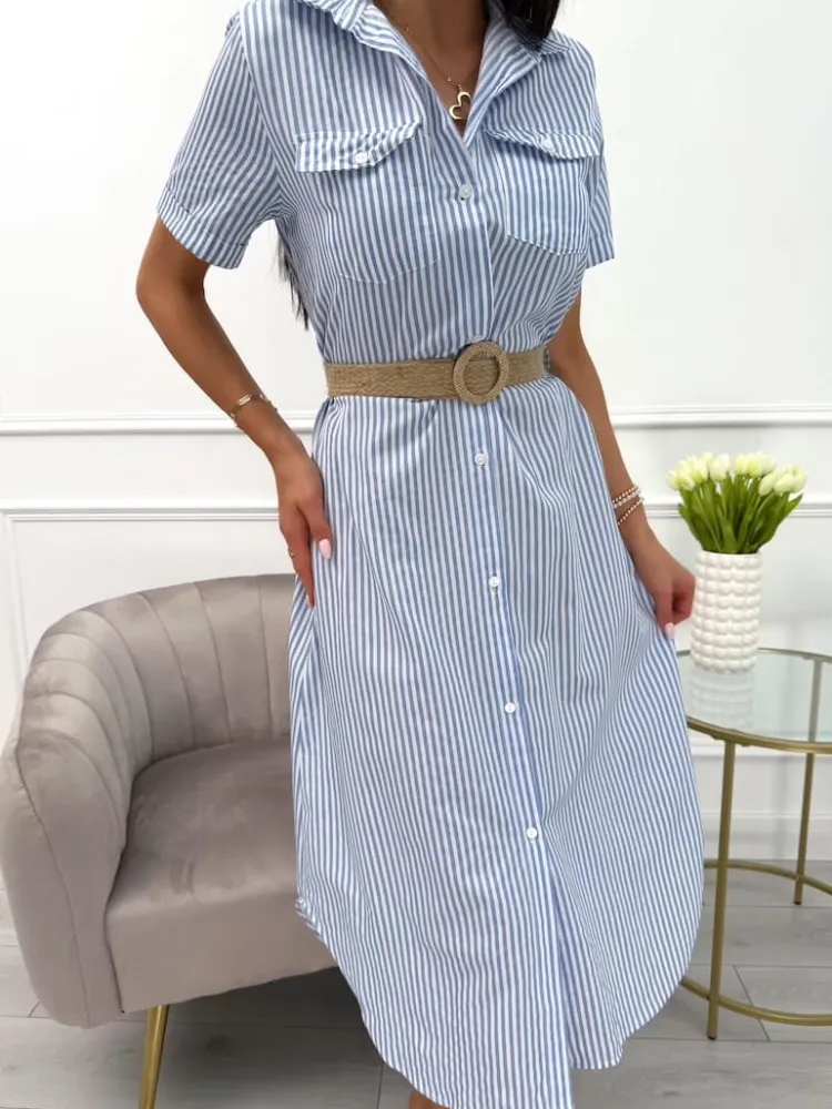 Błękitno-Biała Sukienka w Paski 13975-102-A|Modna Kiecka Fashion