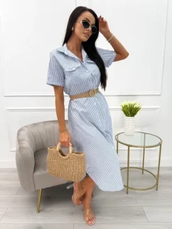 Błękitno-Biała Sukienka w Paski  13975-102-A|Modna Kiecka Fashion