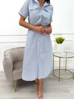 Błękitno-Biała Sukienka w Paski 13975-102-A|Modna Kiecka Fashion