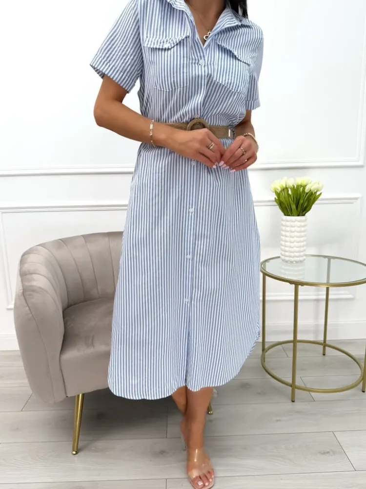 Błękitno-Biała Sukienka w Paski 13975-102-A|Modna Kiecka Fashion