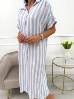 Błękitno-Biała Sukienka w Paski Oversize 13994-20-A|Modna Kiecka New