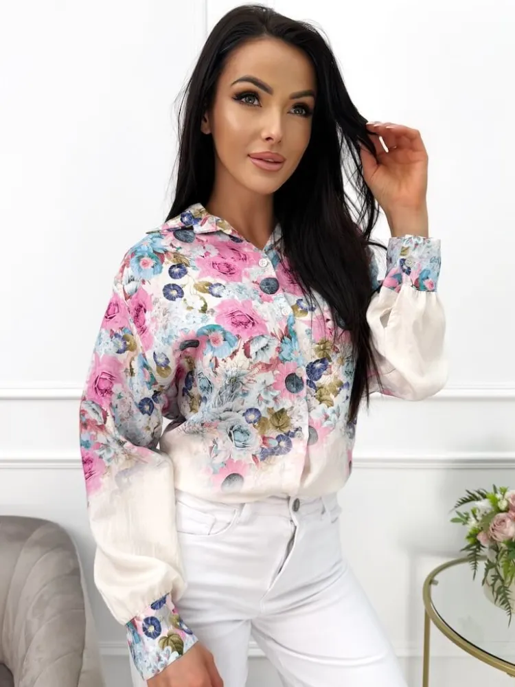 Błękitno-Kremowa Koszula z Motywem Kwiatowym 13586-41-A|Modna Kiecka Hot