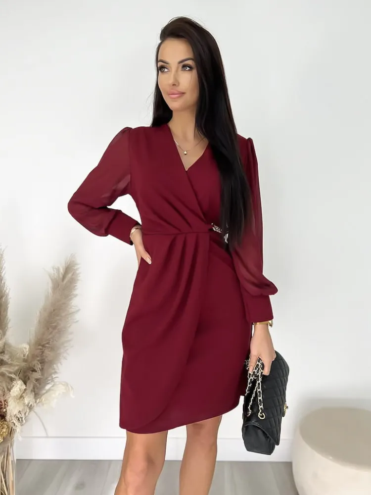 Bordowa Kopertowa Sukienka z Łańcuszkiem 9225-08-A|Modna Kiecka New