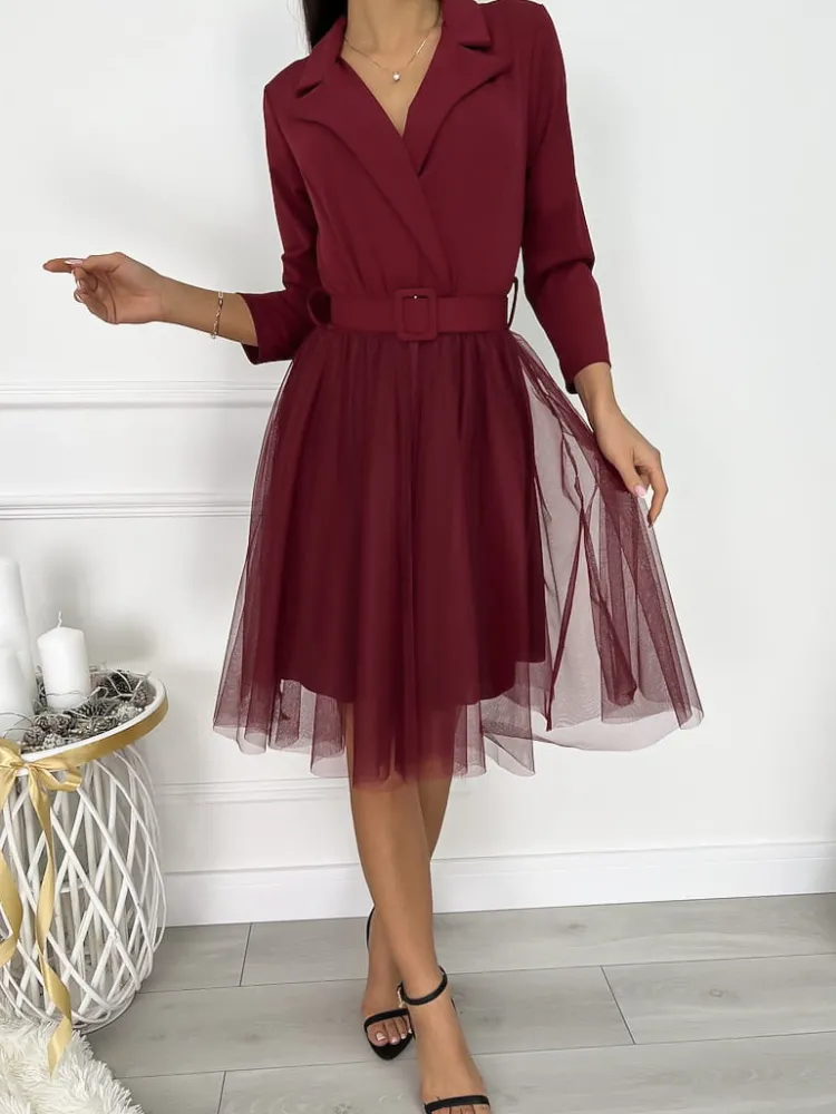 Bordowa Kopertowa Sukienka z Tiulem 9257-238-A|Modna Kiecka Clearance