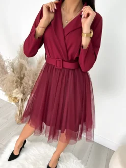 Bordowa Kopertowa Sukienka z Tiulem 9257-238-A|Modna Kiecka Clearance