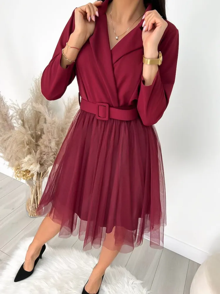 Bordowa Kopertowa Sukienka z Tiulem 9257-238-A|Modna Kiecka Clearance