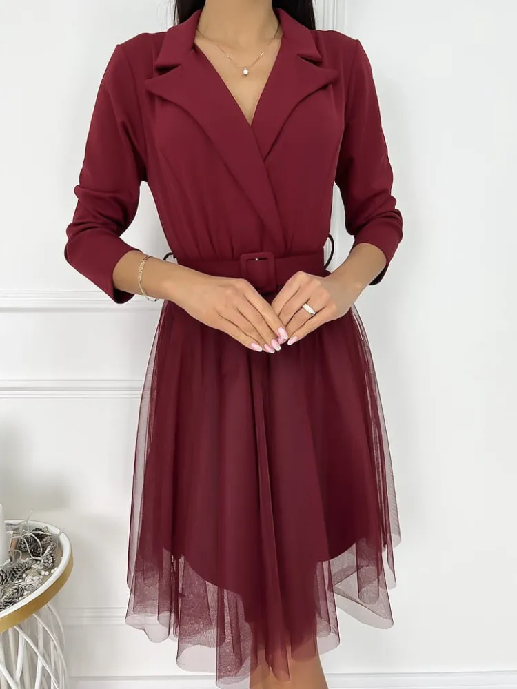 Bordowa Kopertowa Sukienka z Tiulem 9257-238-A|Modna Kiecka Clearance