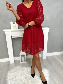 Bordowa Koronkowa Sukienka z Dekoltem V 13396-349-A|Modna Kiecka Hot