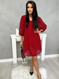 Bordowa Koronkowa Sukienka z Dekoltem V 13396-349-A|Modna Kiecka Hot