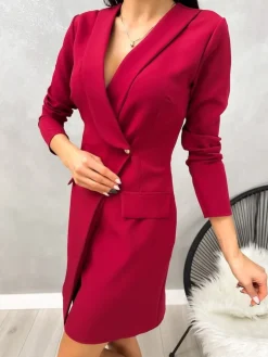 Bordowa Marynarkowa Sukienka 11195-351-D|Modna Kiecka Clearance