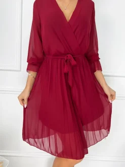 Bordowa Plisowana Sukienka z Paskiem 9140-168-A|Modna Kiecka Fashion