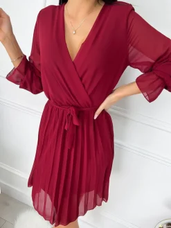 Bordowa Plisowana Sukienka z Paskiem 9140-168-A|Modna Kiecka Fashion