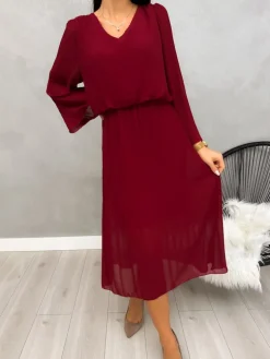 Bordowa Plisowana Sukienka Midi 13192-401-A|Modna Kiecka Online