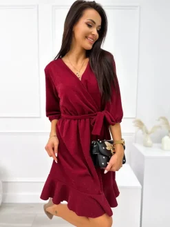 Bordowa Połyskująca Sukienka z Paskiem 11047-213-A|Modna Kiecka Fashion