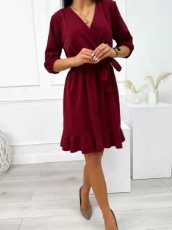 Bordowa Połyskująca Sukienka z Paskiem 11047-213-A|Modna Kiecka Fashion