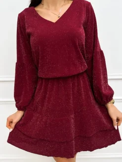 Bordowa Połyskująca Sukienka z Falbanką 13337-14-A|Modna Kiecka Outlet
