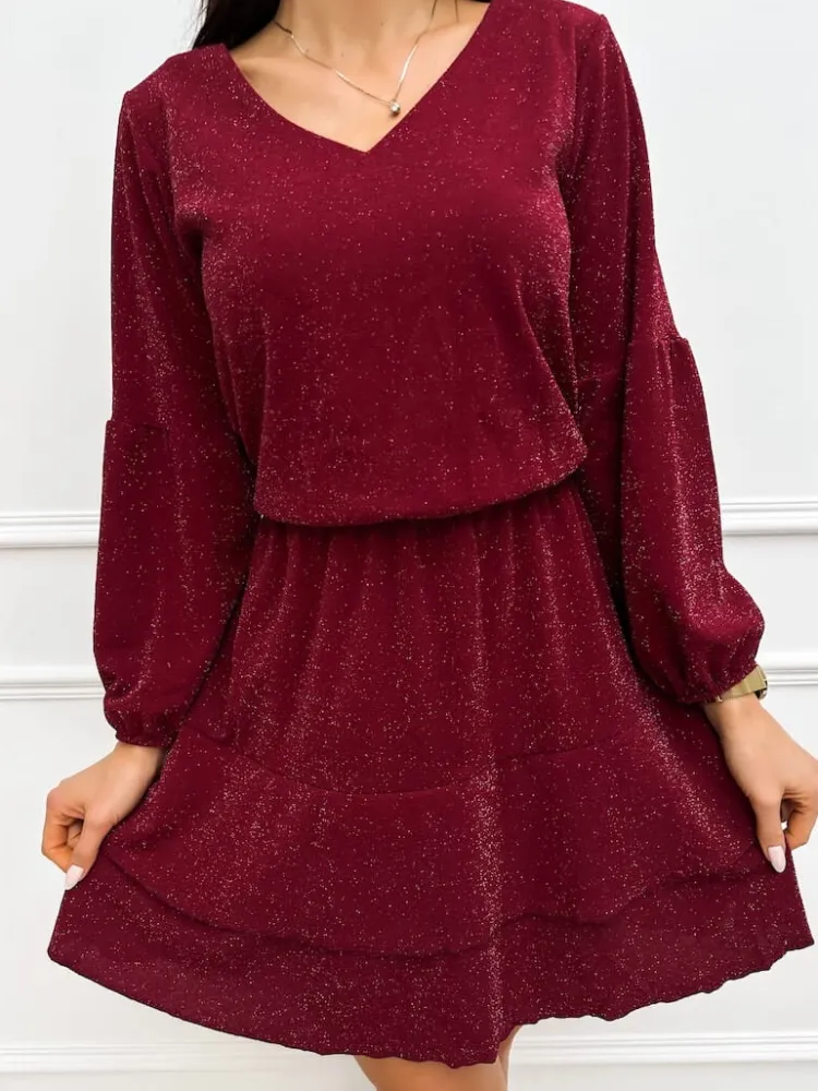 Bordowa Połyskująca Sukienka z Falbanką 13337-14-A|Modna Kiecka Outlet