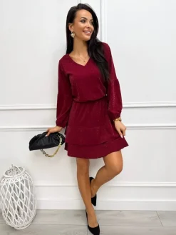 Bordowa Połyskująca Sukienka z Falbanką 13337-14-A|Modna Kiecka Outlet