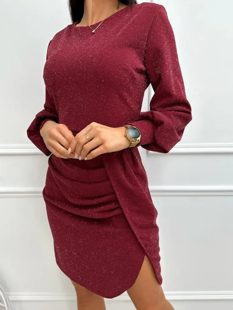 Bordowa Połyskująca Sukienka 13354-145-A|Modna Kiecka Outlet