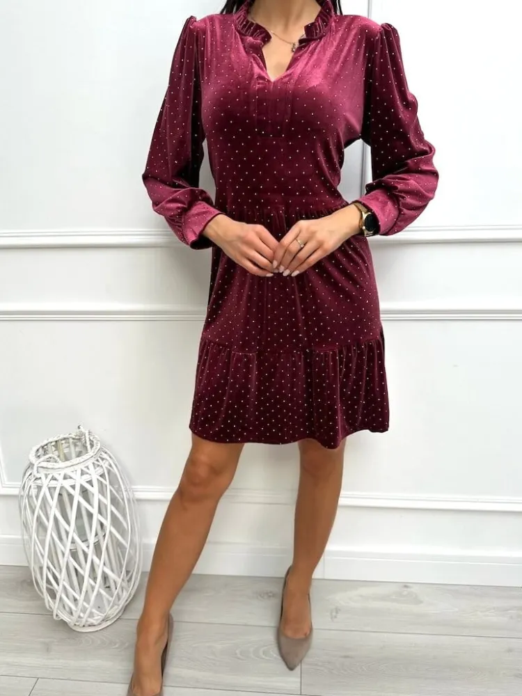 Bordowa Połyskująca Welurowa Sukienka 13360-409-A|Modna Kiecka Sale
