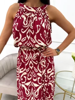 Bordowa Sukienka Maxi w Beżowy Wzór z Paskiem 14019-233-A|Modna Kiecka Fashion
